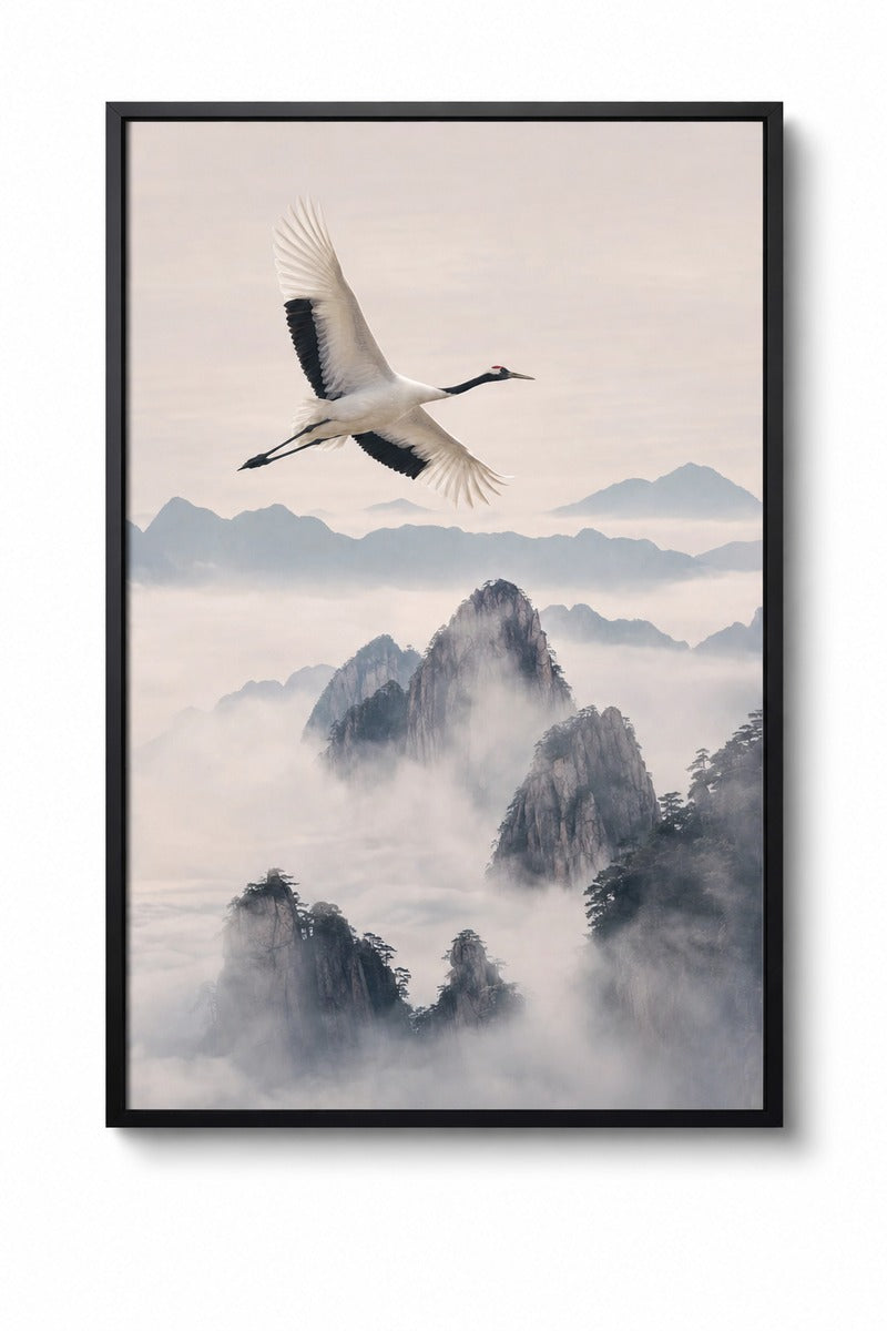 Crane Above Misty Peaks