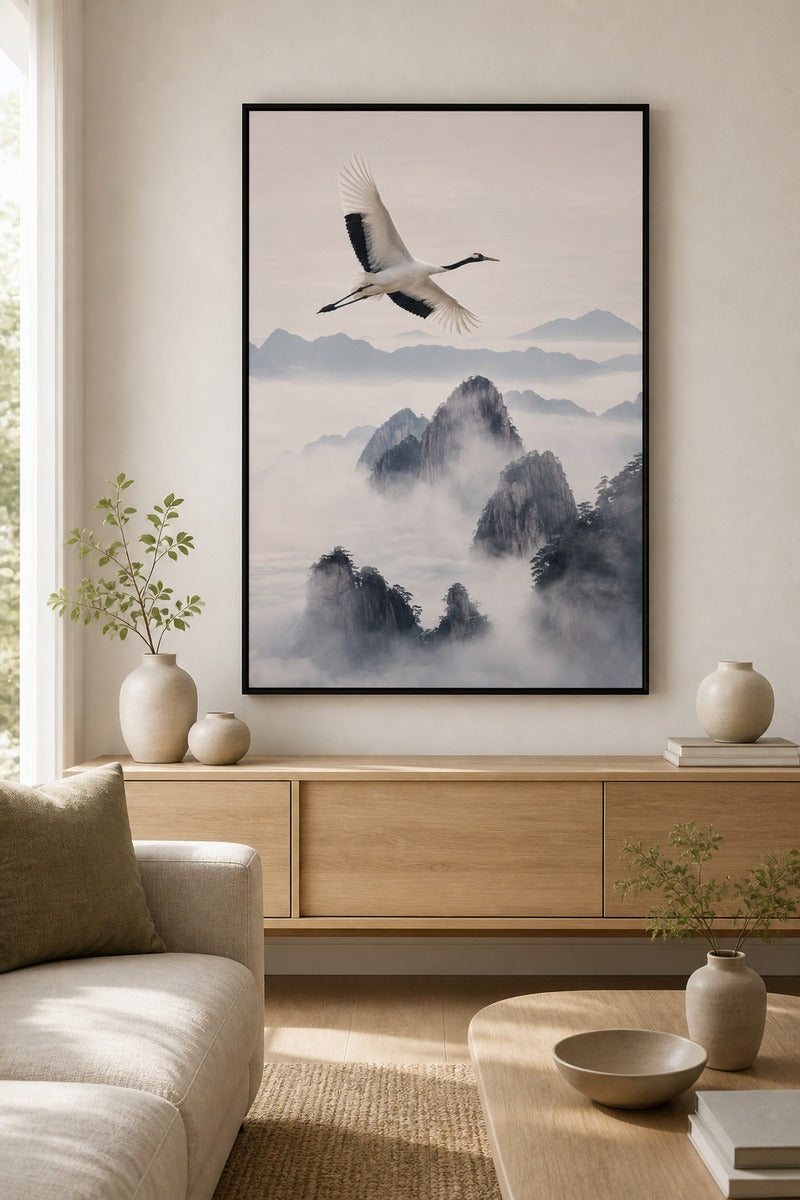 Crane Above Misty Peaks