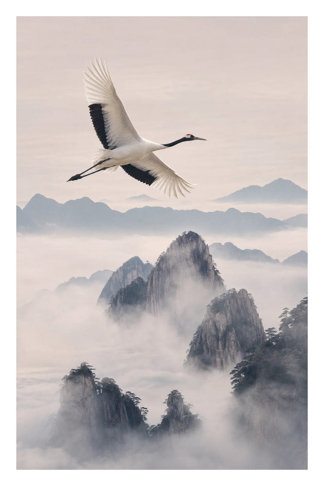 Crane Above Misty Peaks