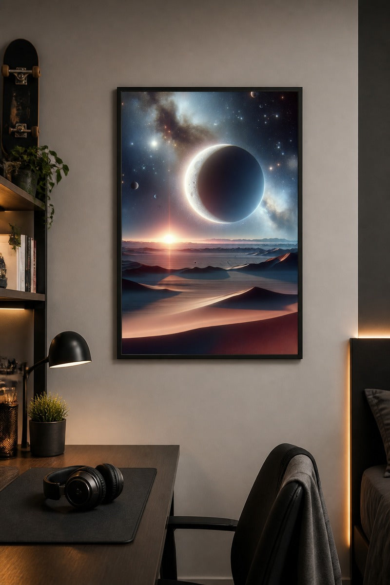 Eclipsed Moon Over Desert Landscape