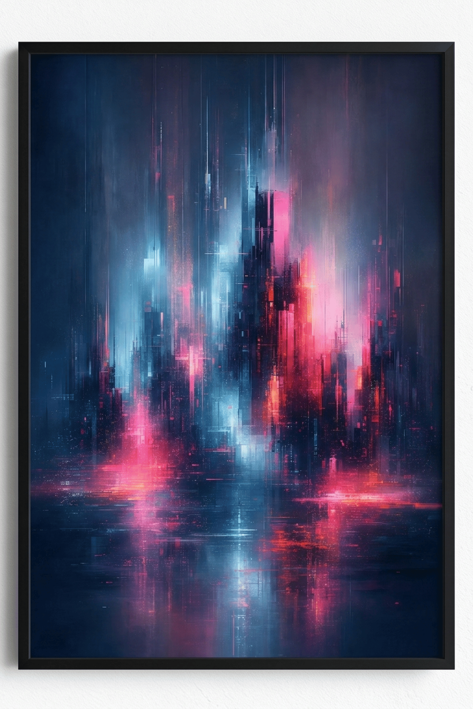 Neon Rainfall Over Cityscape