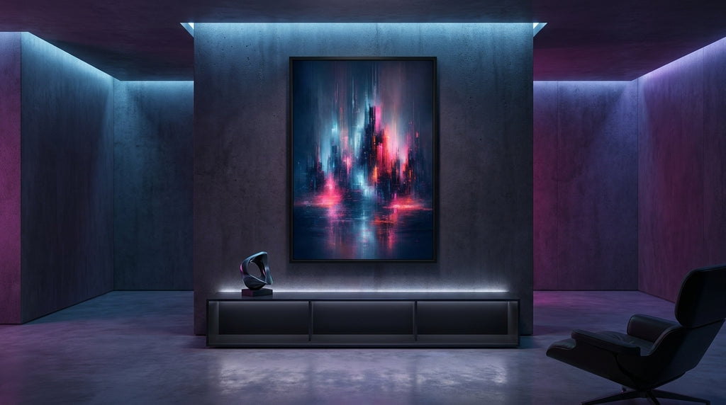 Neon Rainfall Over Cityscape