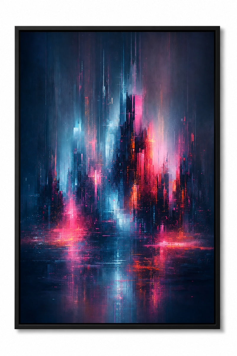 Neon Rainfall Over Cityscape