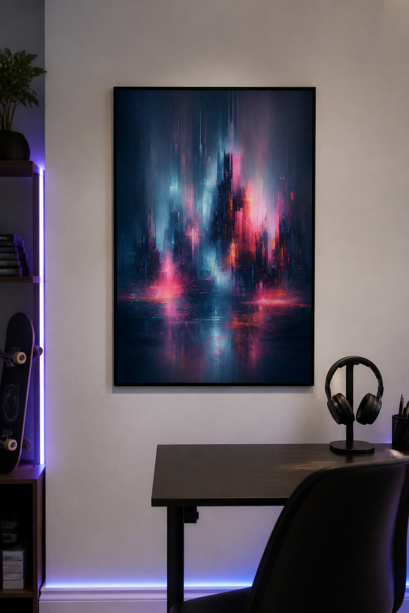 Neon Rainfall Over Cityscape