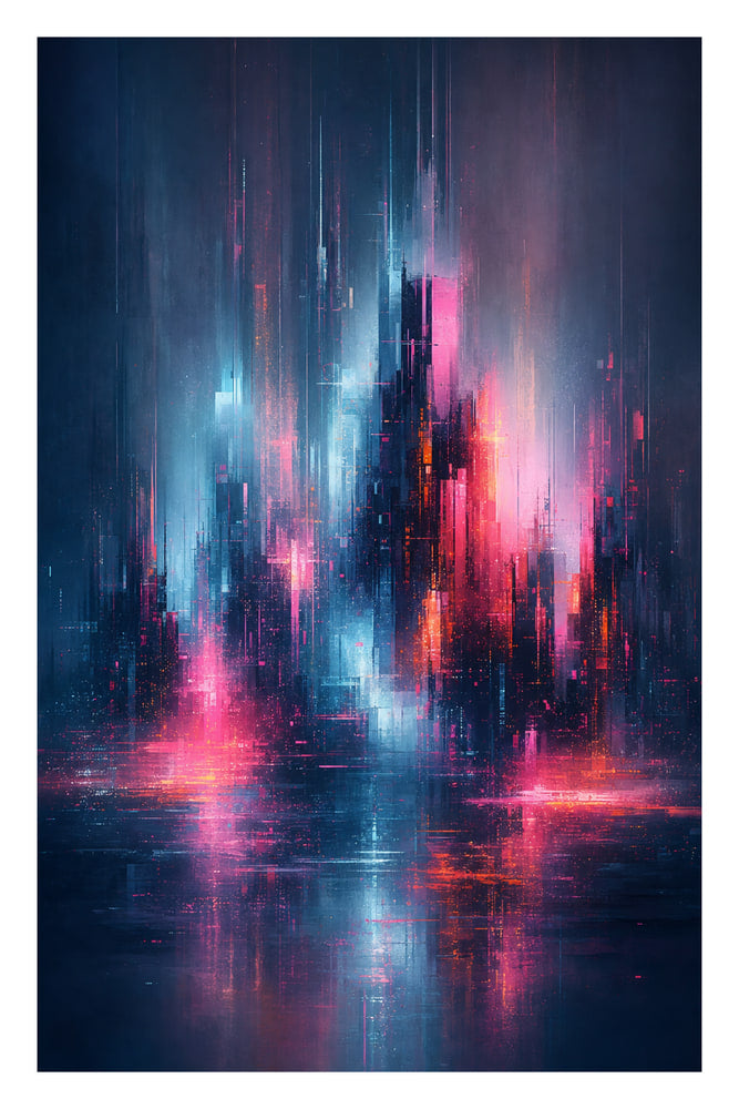 Neon Rainfall Over Cityscape