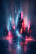 Neon Rainfall Over Cityscape