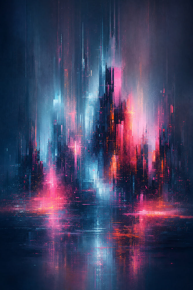 Neon Rainfall Over Cityscape